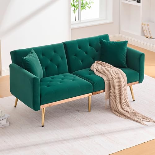 ALAMHI Modernes 2 Sitzer Sofa,Schlafsofa aus Samtbezug,Couch, Klappsofa mit Verstellbare Rückenlehne, Deluxe Sofa mit Schlaffunktion– Polstersofa für kleine Räume Wohnzimmer, Wohnung, Buro (Emerald)