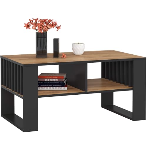 AKORD Couchtisch Holz Rockford mit einem Regal, 92x45x53cm, Für Wohnzimmer, Schlafzimmer Schrank, Minimalistisch Modernes Design, Schichtstoffplatte 16mm, Farbe Handwerkliche Eiche & Schwarz