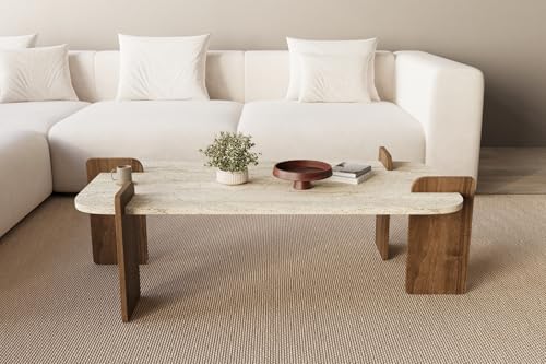 moebel17 Couchtisch Twinkle Travertin Braun Granit Optik, Moderner Sofatisch, Tisch fürs Wohnzimmer aus Holz, Ablagefächer, Stauraum mit Tür, Designer 93342