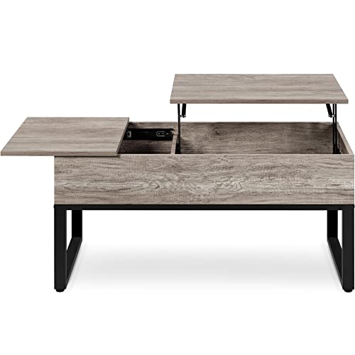Yaheetech Couchtisch mit höhenverstellbarer Platte Lift Top Kaffeetisch Wohnzimmertisch getrennt versteckter Stauraum Sofatisch Metallrahmen robust Gray