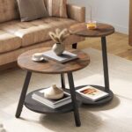 YITAHOME 2er Set Couchtisch Set Rund, Wohnzimmertisch mit Stauraum, Beistelltisch 2er Set Stapelbar mit Holzplatte und Metallrahmen, C-förmiger Beistelltisch, Couch Tisch Wohnzimmer, Rustikales Braun