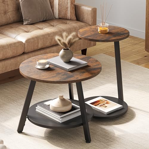 YITAHOME 2er Set Couchtisch Set Rund, Wohnzimmertisch mit Stauraum, Beistelltisch 2er Set Stapelbar mit Holzplatte und Metallrahmen, C-förmiger Beistelltisch, Couch Tisch Wohnzimmer, Rustikales Braun