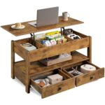 WLIVE Höhenverstellbarer Couchtisch, Wohnzimmertisch mit 2 Schubladen und Verstecktes Ablagefach, 50 x 100 cm Holzoptik Coffee Table, Vintagebraun