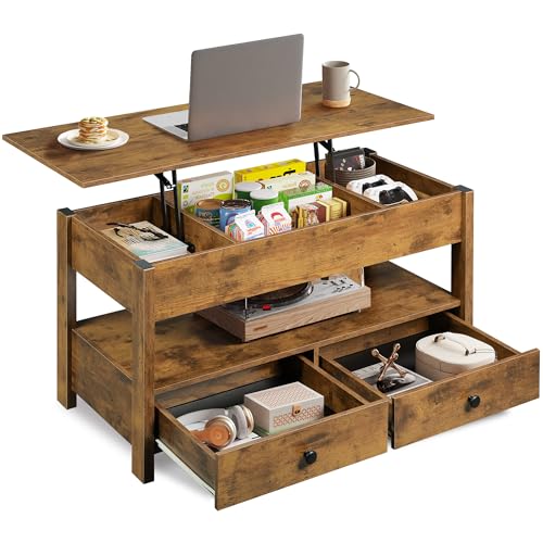 WLIVE Höhenverstellbarer Couchtisch, Wohnzimmertisch mit 2 Schubladen und Verstecktes Ablagefach, 50 x 100 cm Holzoptik Coffee Table, Vintagebraun