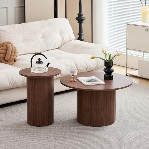 HJhomeheart Runder Couchtisch 2er Set, Beistelltisch aus Holz, Moderner Kaffeetisch mit römischer Säulenbasis für Wohnzimmer, Balkon, Schlafzimmer (Braune Holzmaserung)