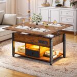 YITAHOME Couchtisch mit Höhenverstellbarer, 4-in-1-Multifunktions-Couchtisch mit Stauraum und LED Beleuchtung, Couchtisch lässt Sich in einen Esstisch für das Wohnzimmer umwandeln, Vintage-Braun