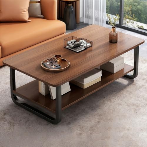 VTELGT Couchtisch, Wohnzimmertisch, Couchtisch aus Holz mit 2 Etagen Ablagen, Modern Sofatisch mit U-Metallgestell für Wohnzimmer/Haus/Büro, 120x60cm, Walnussfarbe,Walnuss