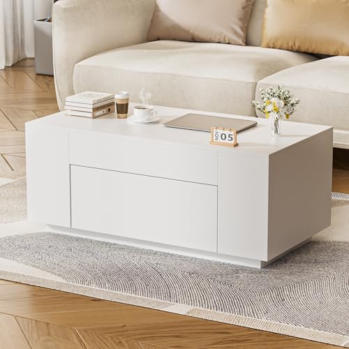FiveWillowise Couchtisch mit Stauraum, Wohnzimmertisch Holz, Coffee Table, Kaffeetisch mit Versteckter Schubladen, Beistelltisch Couch, Sofatisch Tisch für Wohnzimmer, 90 * 50 * 42cm, Weiß