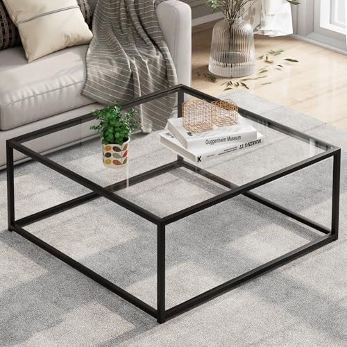 Couchtisch Quadrat Glas Schwarz, Quadratischer Couchtisch Aus Glas, Beistelltisch Wohnzimmertisch Couchtische Glastisch Rechteckig, Coffee Table Quadrat für Wohnzimmer Büro, Metallgestell, 67x67x40 cm