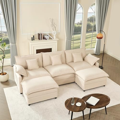 Litbird U-förmiges modulares Sofa 3-Sitzer Ecksofa mit Hocker, tiefes Sitzdesign, Cloud Couch für Wohnzimmer(Beige)